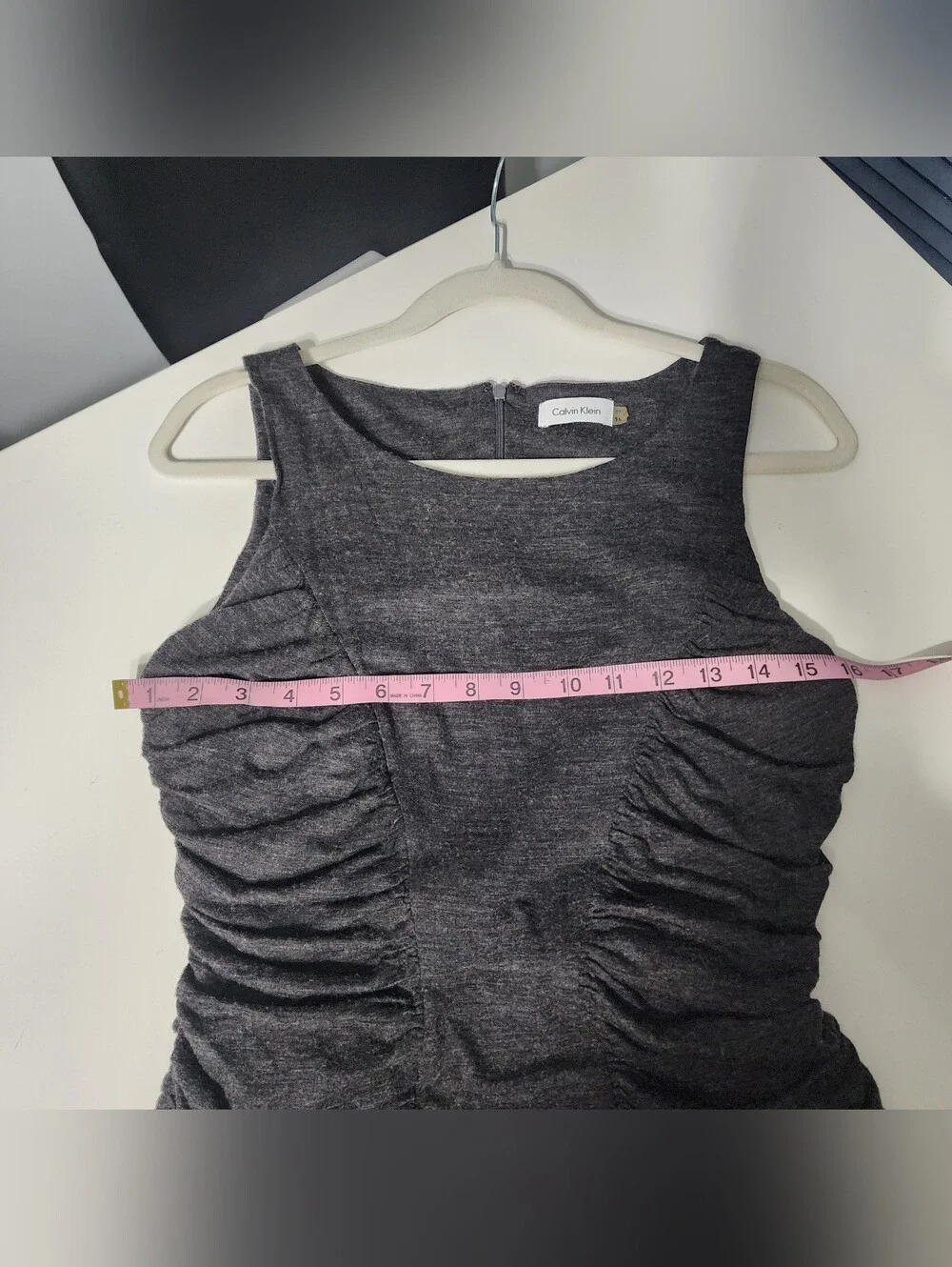 Calvin Klein Charcoal Ruched Midi Sheath Dress Size 10 Goth